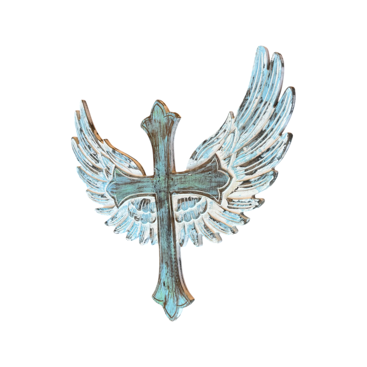 Uriel Carved Wood Cross with Angel Wings Wall Decor