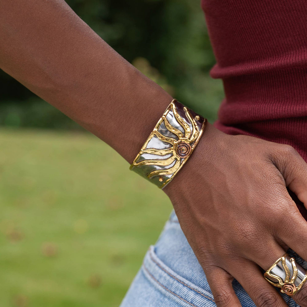 Handcrafted Mixed Metal Cuff - Sunburst Spiral