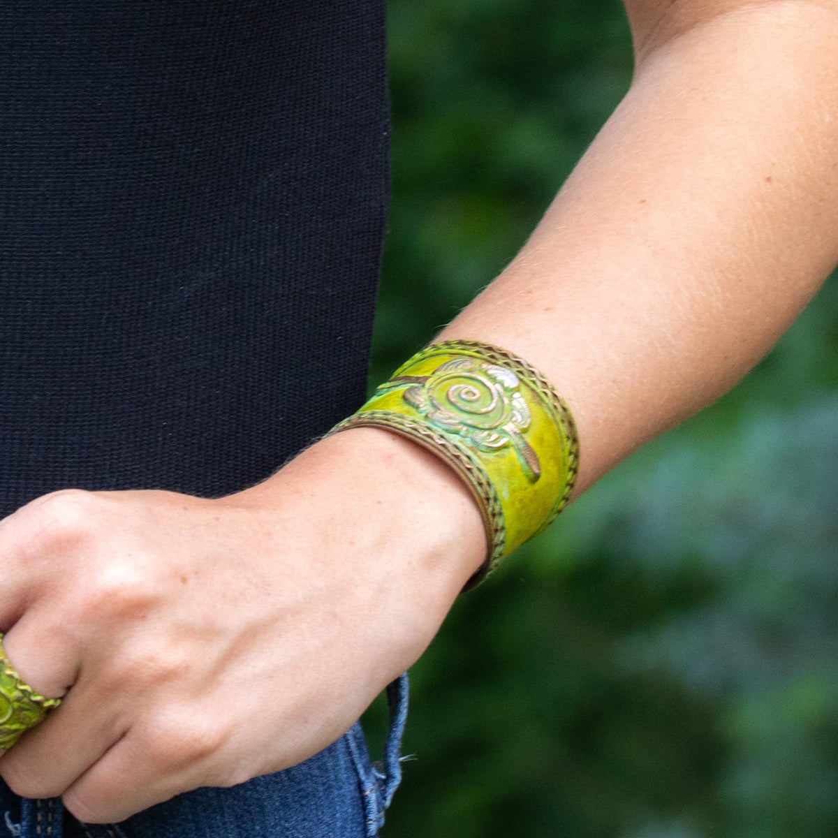 Ornate Shapes and Center Spiral Green Copper Patina Cuff