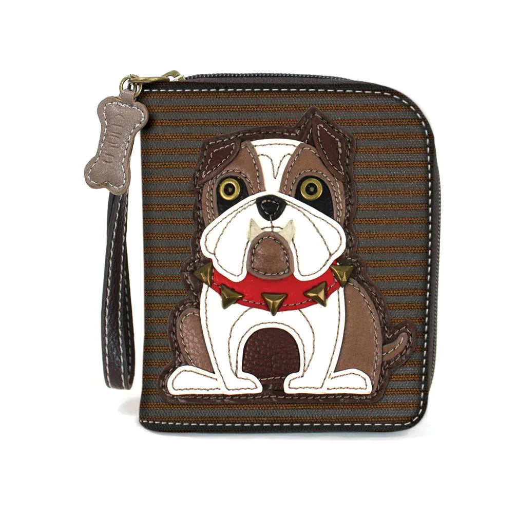 The front is adorned with a Bulldog character! Comes with a bone zipper charm and zipper pull Lots of slots for your cards and cash One clear slot for Photo ID Back zipper pocket for coins! Materials: Faux Leather Color: Brown Stripes Approx. Measurements: 5"W x 6"H x 1"D