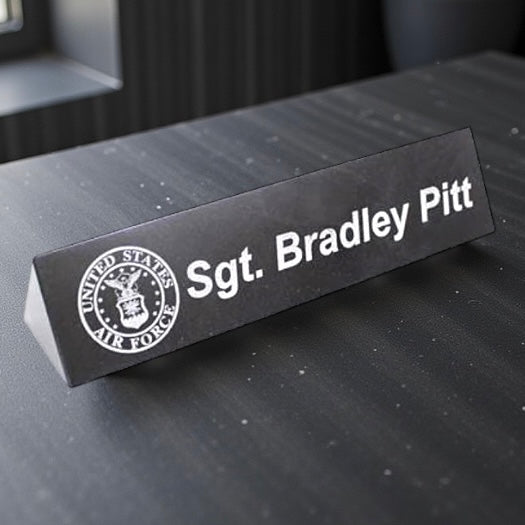 Engraved Marble Nameplate with 'Sgt. Bradley Pitt' and U.S. Air Force logo on a black background