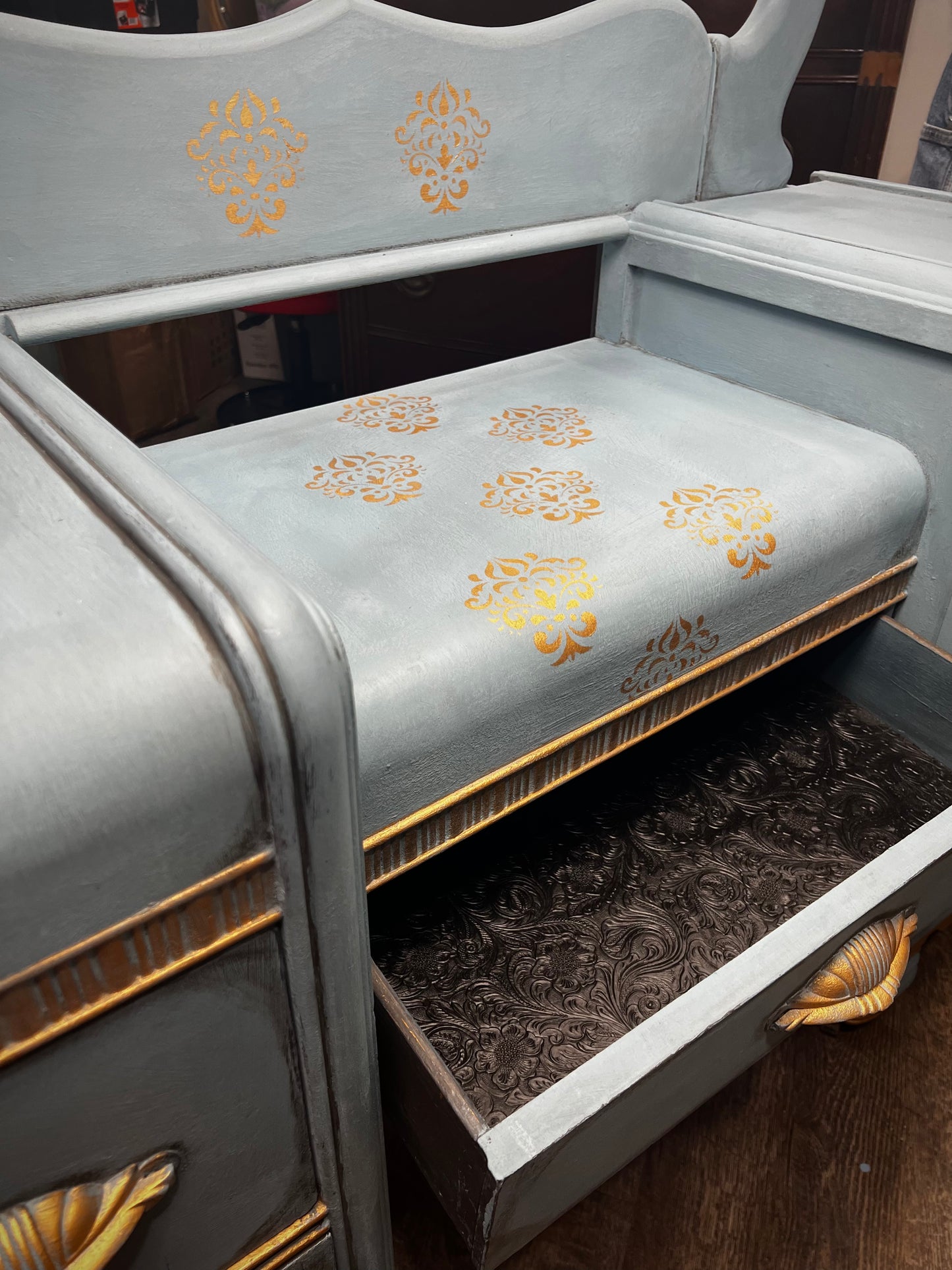 Stunning hand painted vanity dresser redone with Annie Sloan Louis Blue, Clear and Black Wax.