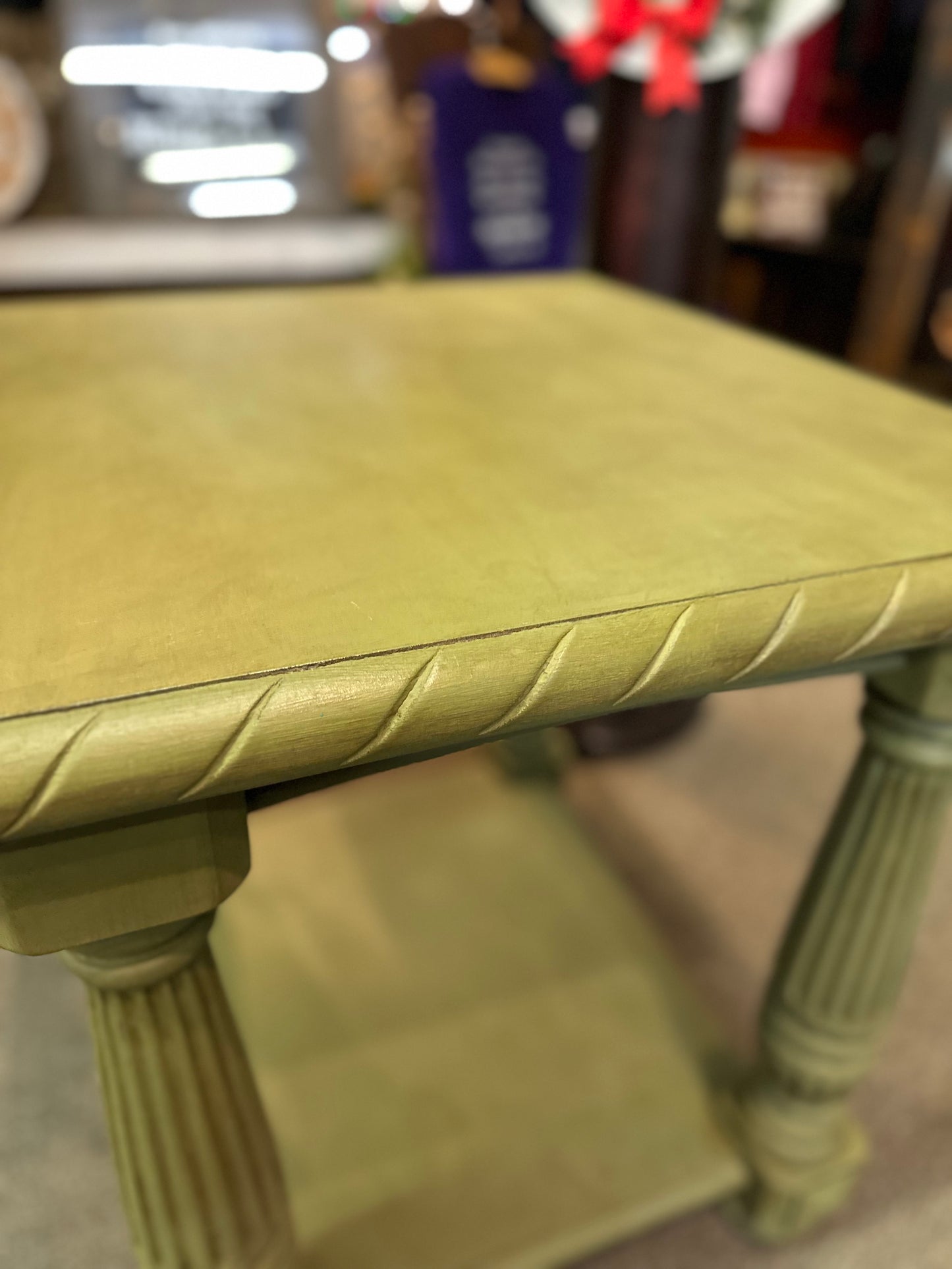 Beautiful Annie Sloan Olive Hand Painted Side Table. Protected with clear wax and dark wax used for antiquing. Stunning.