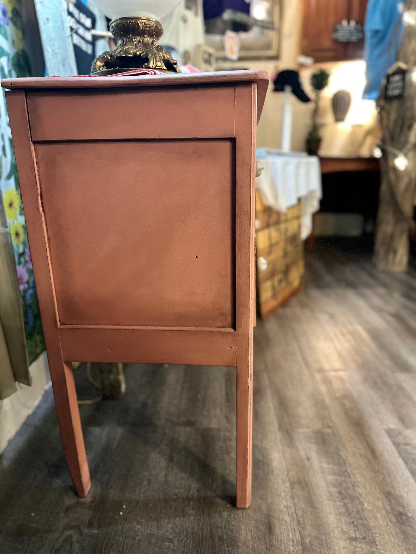 Stunning dresser buffet hand painted with Annie Sloan Scandinavian Pink and waxes with both clear and dark waxes. 