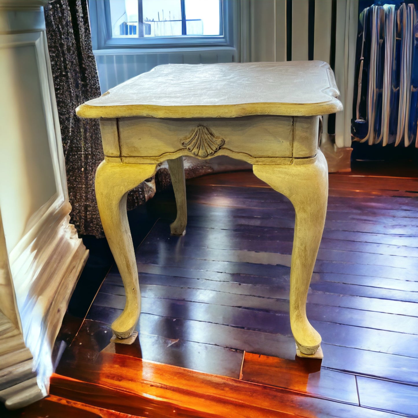 Old White Distressed Side Table with clear and dark wax.