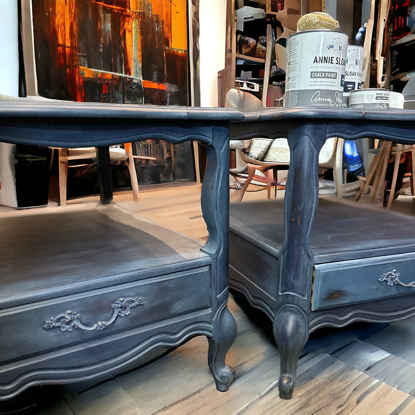 SOLD! Pair of Solid Wood Side / End Tables Hand Painted in a Gorgeous Denim Blue Like Color
