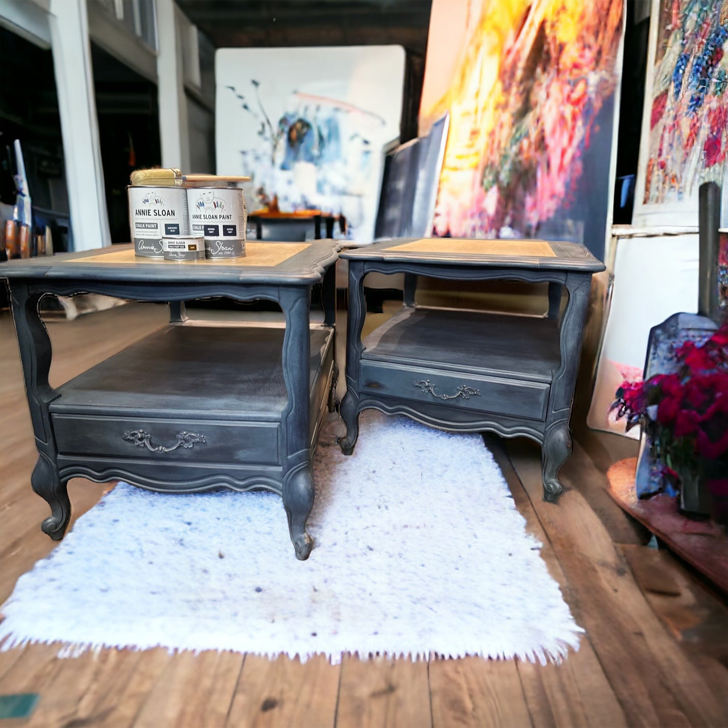 SOLD! Pair of Solid Wood Side / End Tables Hand Painted in a Gorgeous Denim Blue Like Color