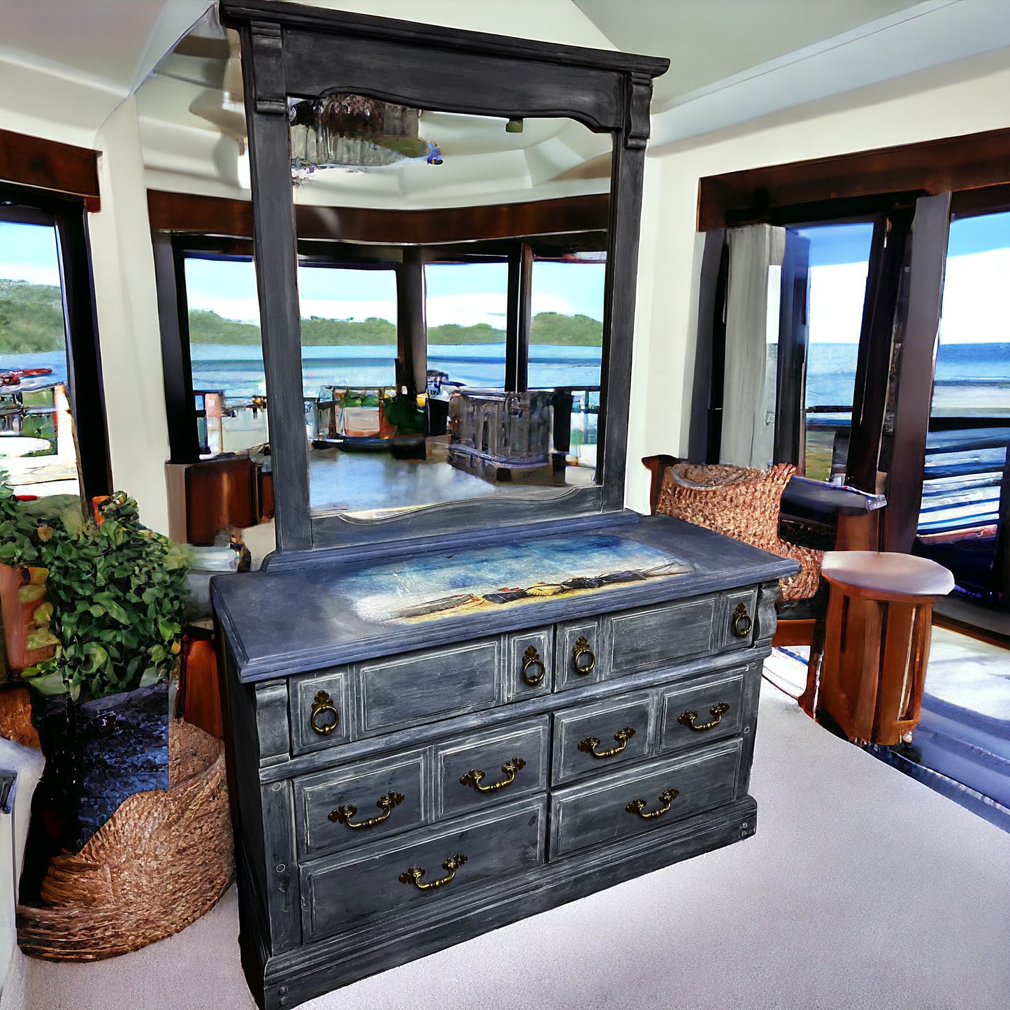 SOLD! Hand-Painted Nautical and Coastal Themed Dresser with Mirror