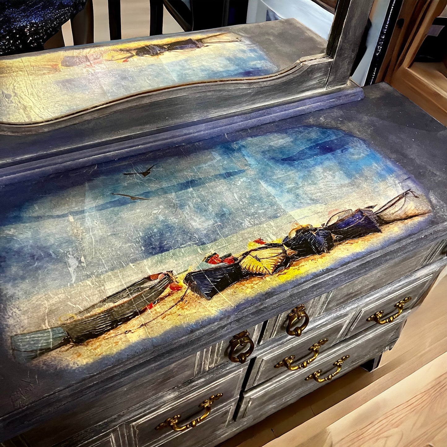 SOLD! Hand-Painted Nautical and Coastal Themed Dresser with Mirror