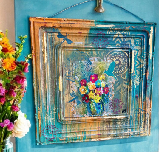 Antique Hand Painted Metal Ceiling Tile