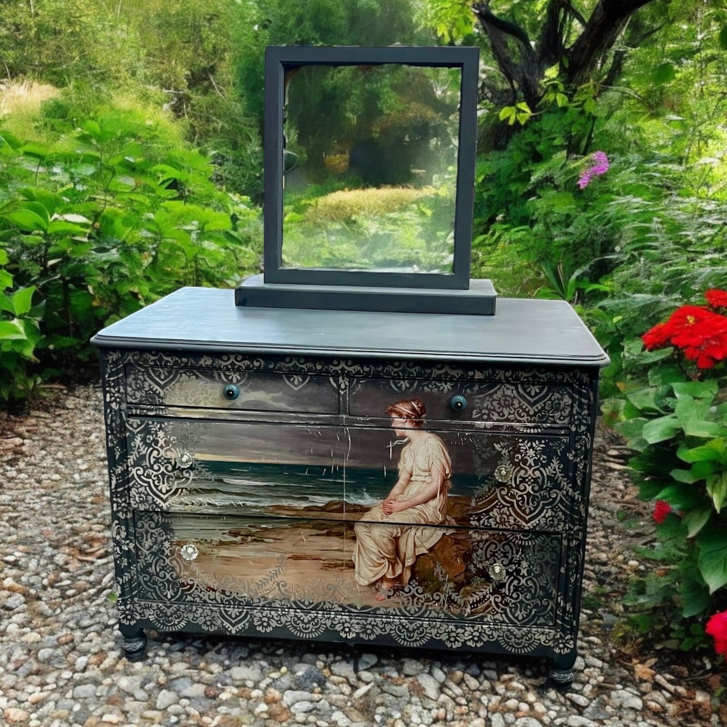 Lovely Distressed Lowboy with Mirror