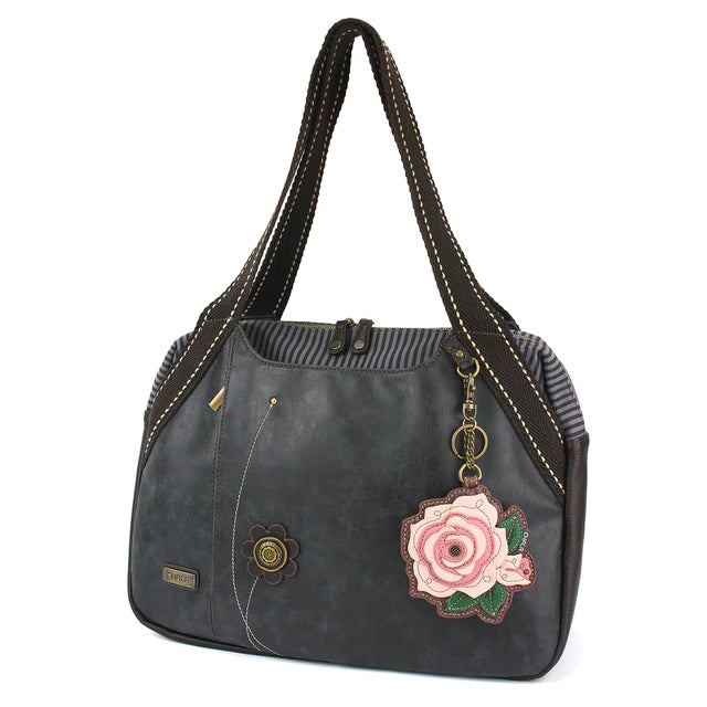 CHALA Dusty Rose Bowling Bag Handbag Purse with Pink Rose