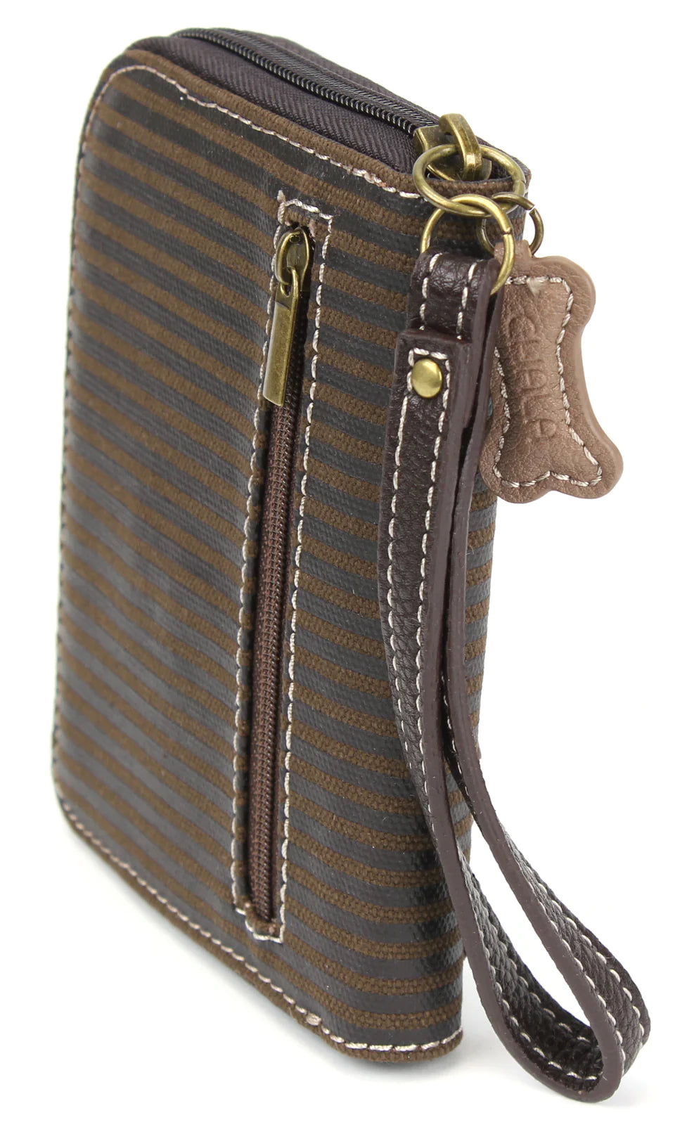 The front is adorned with a Bulldog character! Comes with a bone zipper charm and zipper pull Lots of slots for your cards and cash One clear slot for Photo ID Back zipper pocket for coins!  Materials: Faux Leather Color: Brown Stripes Approx. Measurements: 5"W x 6"H x 1"D