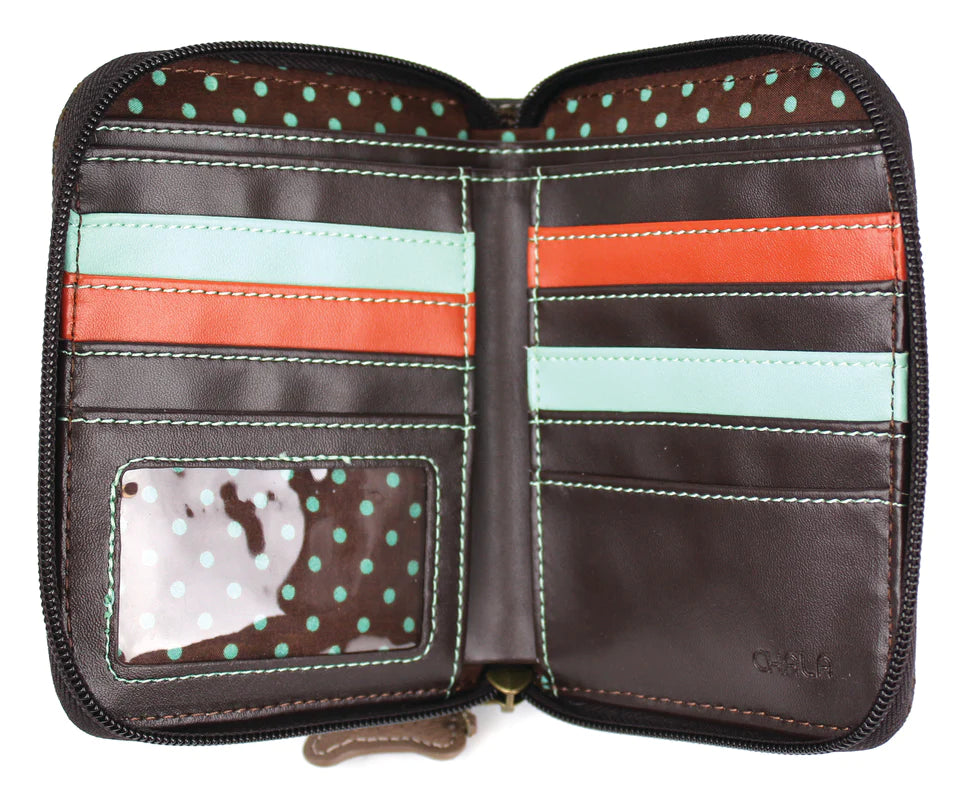 The front is adorned with a Bulldog character! Comes with a bone zipper charm and zipper pull Lots of slots for your cards and cash One clear slot for Photo ID Back zipper pocket for coins!  Materials: Faux Leather Color: Brown Stripes Approx. Measurements: 5"W x 6"H x 1"D