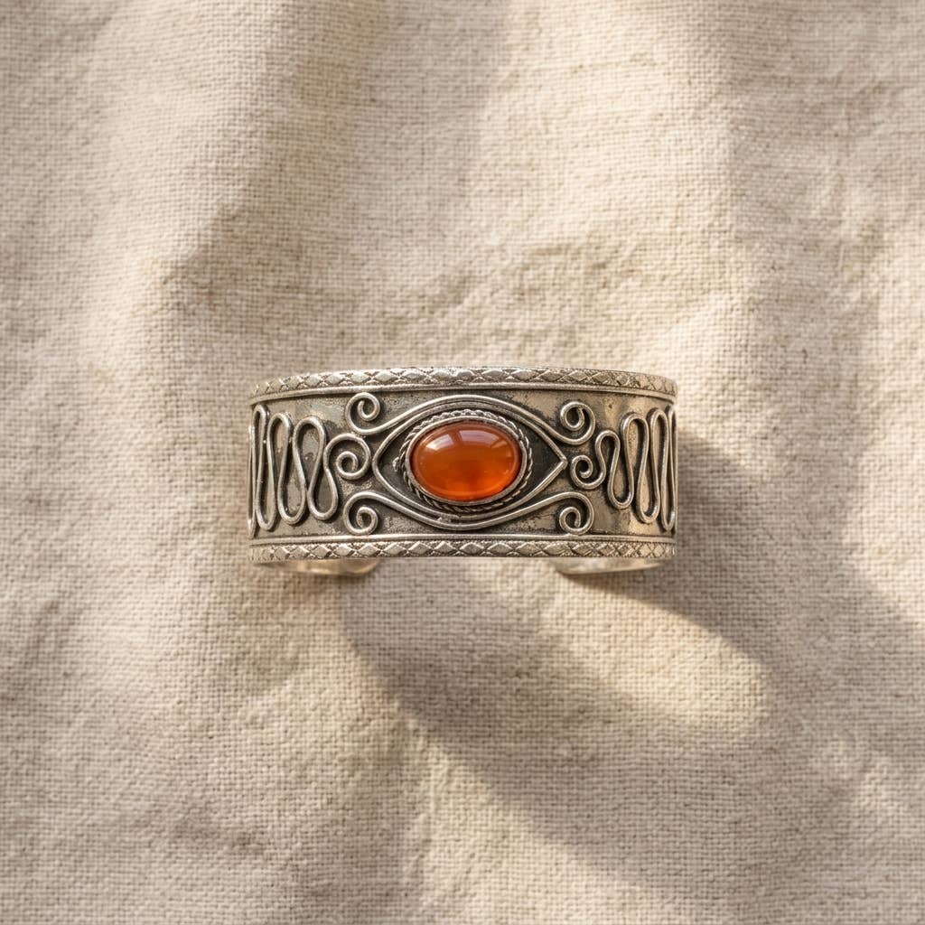 Handcrafted Kashi Antique Silver Cuff with Red Onyx