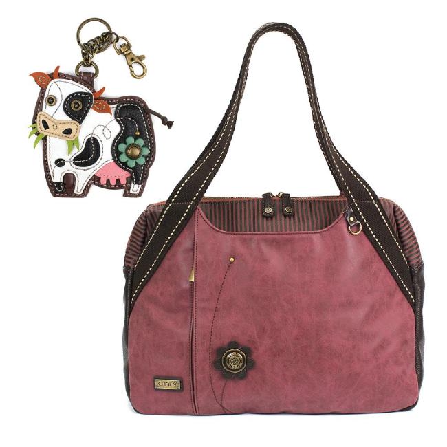 CHALA Bowling Bag Handbag Cow Purse Burgundy Animal Themed Shoulder Bag