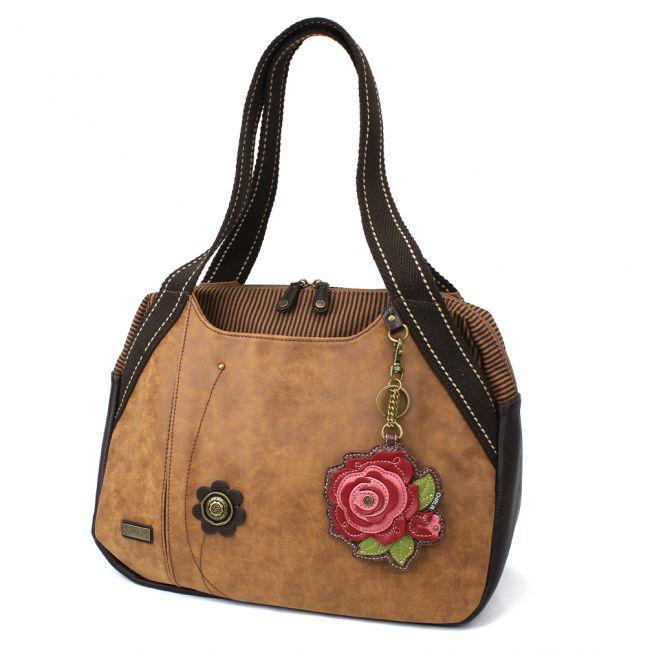 CHALA Bowling Bag Handbag Purse Brown with Red Rose