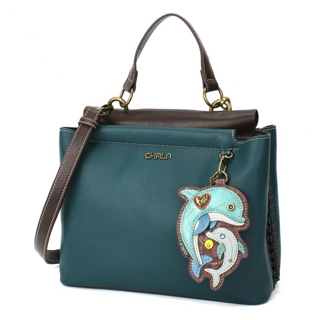 Chala Charming Satchel Purse with Dolphin keyfob, the most adorable purse you'll ever own. A great gift for ocean lovers, and those that love dolphins.