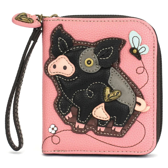 Chlala Black Pig Pink Zip Around Wallet is the perfect wristlet wallet for pig lovers.