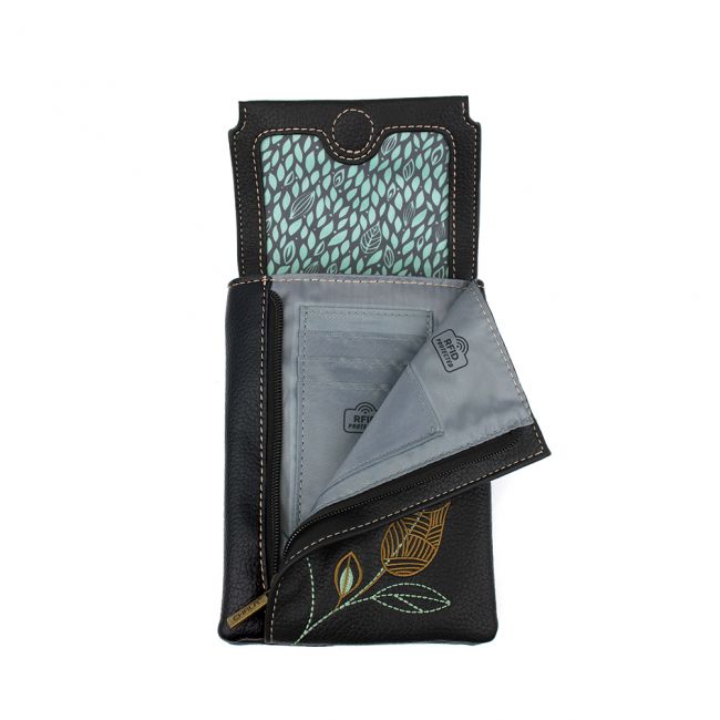 Chala Criss Crossbody Dragonfly is Exquisitely detailed embroidery Dragonfly design Dual sided design to match any outfit or mood Main pocket features a flap top with magnetic button closure Front zip-down pocket for easy access to RFID protected Credit Card slots Rear slide pocket