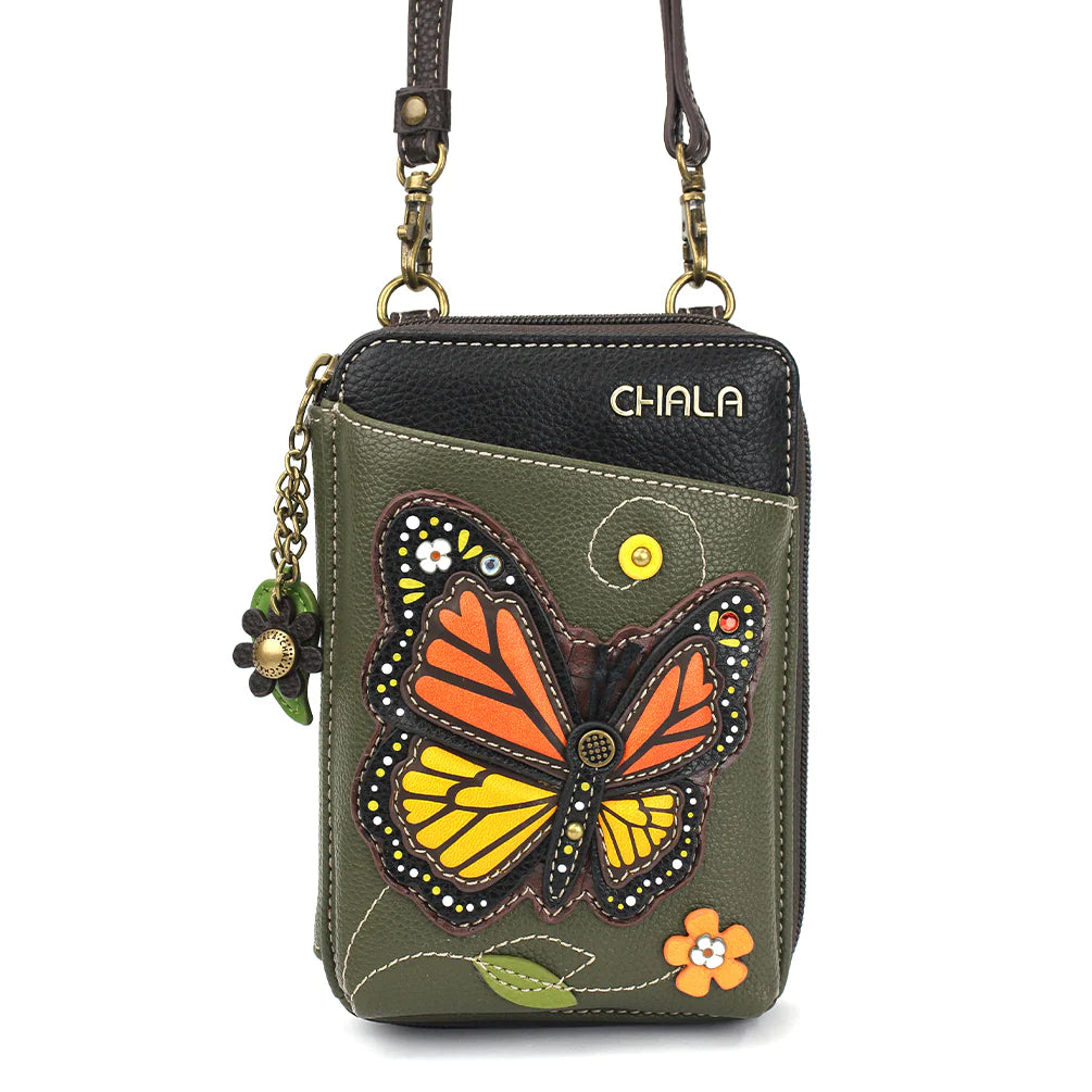Our Chala Monarch Crossbody Wallet Cellphone Case is perfect for butterfly and nature lovers. A beautiful monarch butterfly adorns the front of this fabulous wallet crossbody and there's even room for your cellphone!