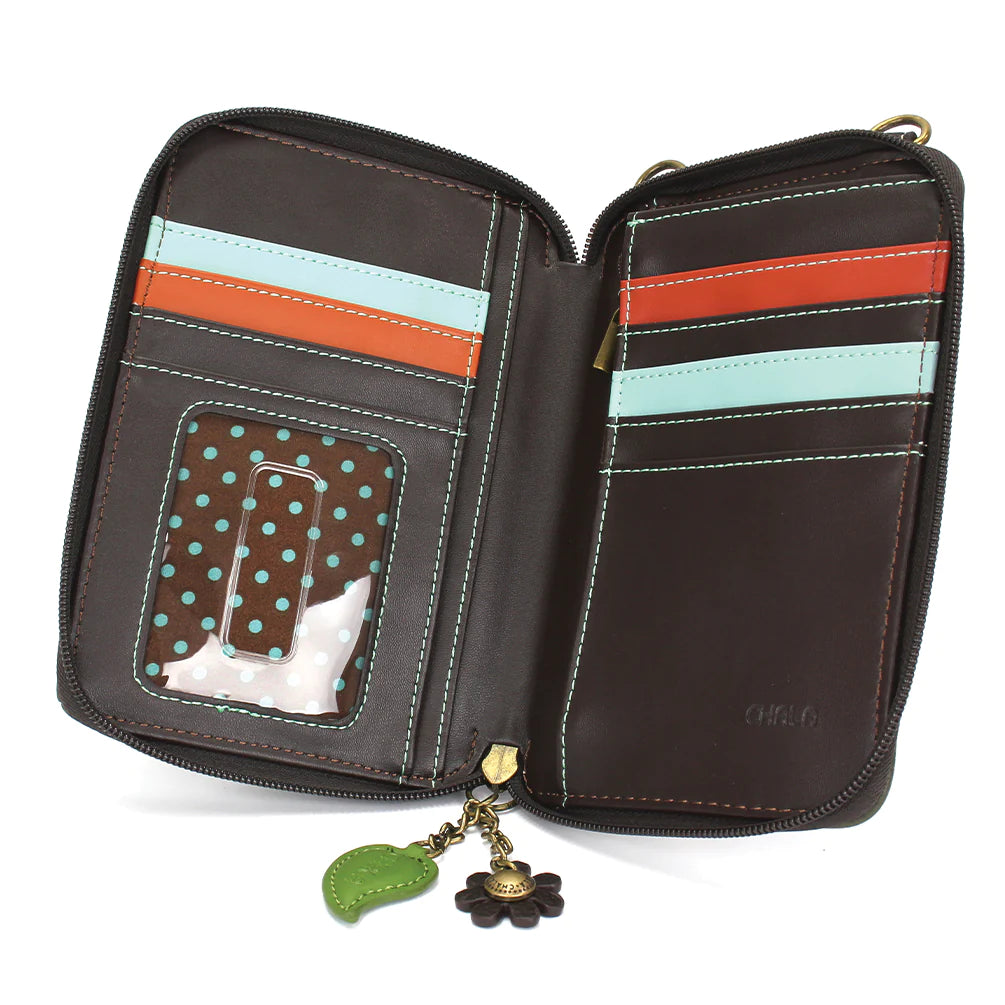 Our Chala Monarch Crossbody Wallet Cellphone Case is perfect for butterfly and nature lovers. A beautiful monarch butterfly adorns the front of this fabulous wallet crossbody and there's even room for your cellphone!