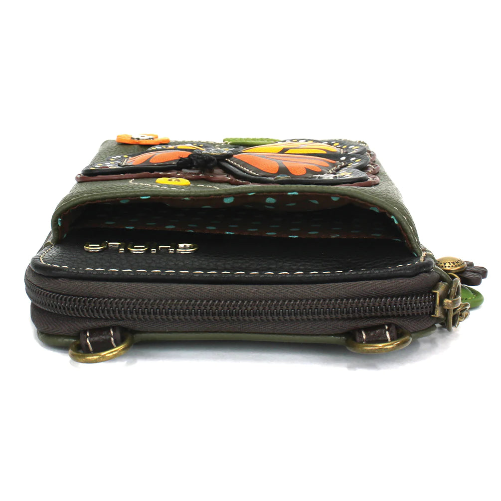 Our Chala Monarch Crossbody Wallet Cellphone Case is perfect for butterfly and nature lovers. A beautiful monarch butterfly adorns the front of this fabulous wallet crossbody and there's even room for your cellphone!