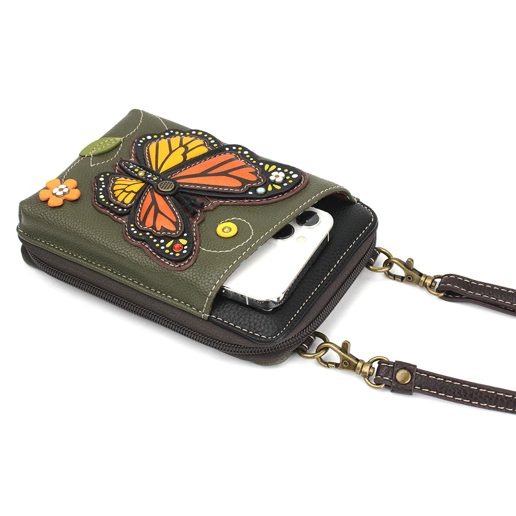 Our Chala Monarch Crossbody Wallet Cellphone Case is perfect for butterfly and nature lovers. A beautiful monarch butterfly adorns the front of this fabulous wallet crossbody and there's even room for your cellphone! 