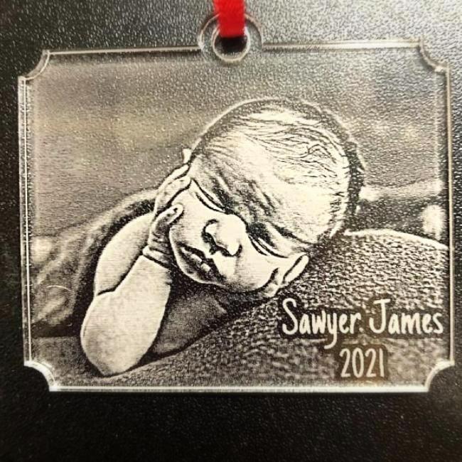 Personalized Baby's First Christmas Ornament Custom Made with Your Favorite Picture. The cutest ornament you'll ever find for your newborn child | Enchanted Memories Branson, Custom Engraving & Unique Gifts