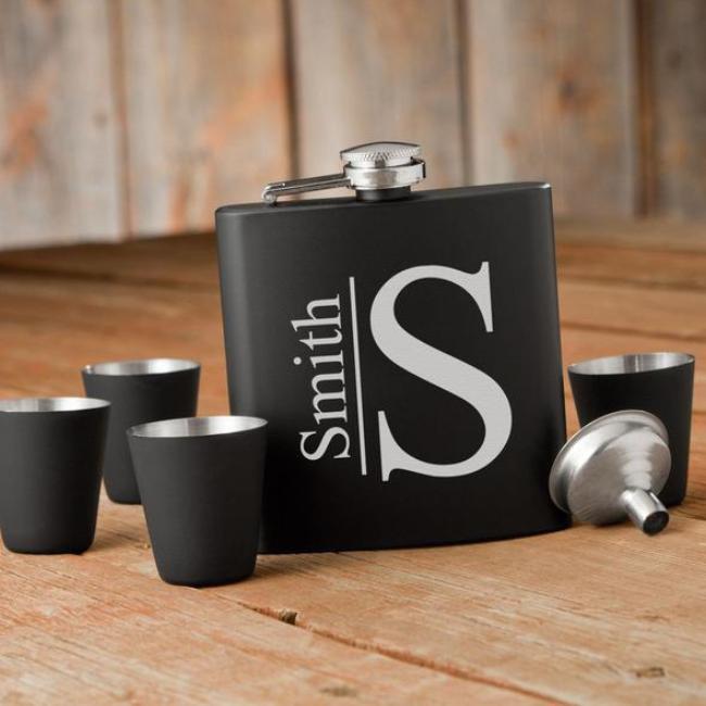 Engraved Black Flask Set with Shot Glasses for Wedding or Other Celebration Great Personalized Gift for Groomsman