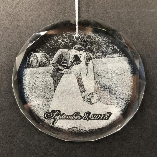Engraved Crystal Wedding Photo Christmas Ornament is perfect for newlyweds, or couples celebrating their anniversary | Enchanted Memories, Custom Engraving