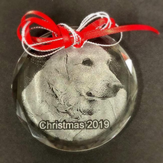 Engraved Crystal Pet Photo Christmas Ornament, etched with your favorite picture of your pet | Enchanted Memories, Engraving