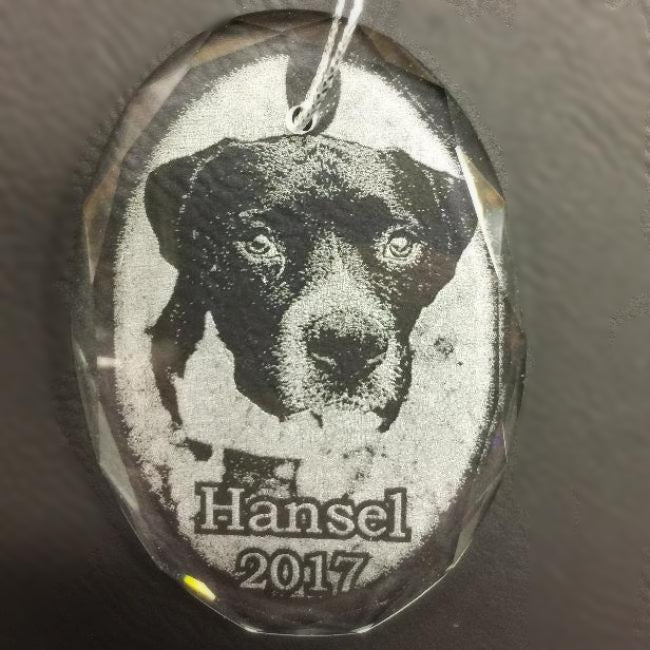 Engraved Crystal Pet Photo Christmas Ornament, etched with your favorite picture of your pet | Enchanted Memories, Engraving