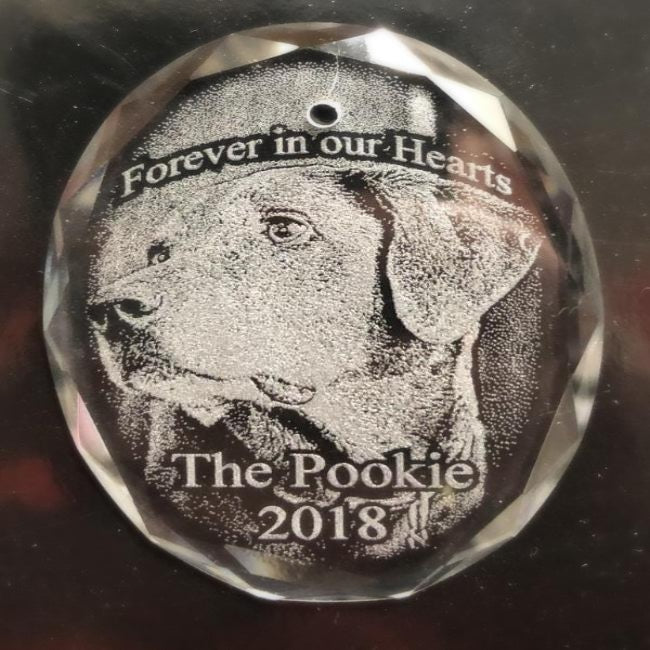 Engraved Crystal Pet Photo Christmas Ornament, etched with your favorite picture of your pet | Enchanted Memories, Engraving