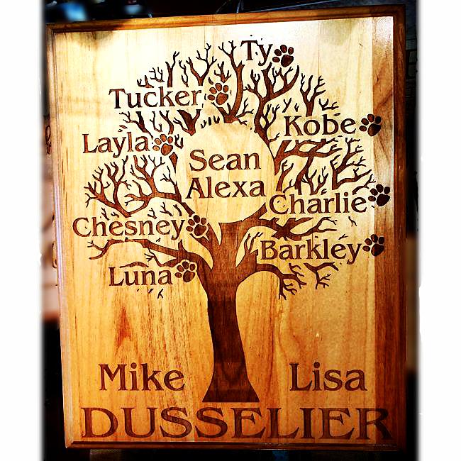 Engraved Family Tree Wooden Plaque with All the Family Names and Pets Personalized into the Wood | Enchanted Memories, Custom Engraving & Unique Gifts