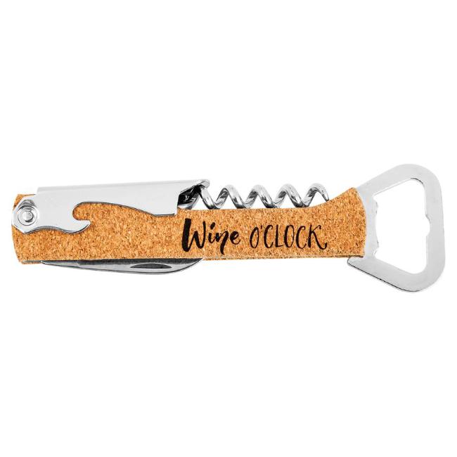 Engraved Wine Bottle Opener with Personalized Natural Cork Handle with Name or Logo