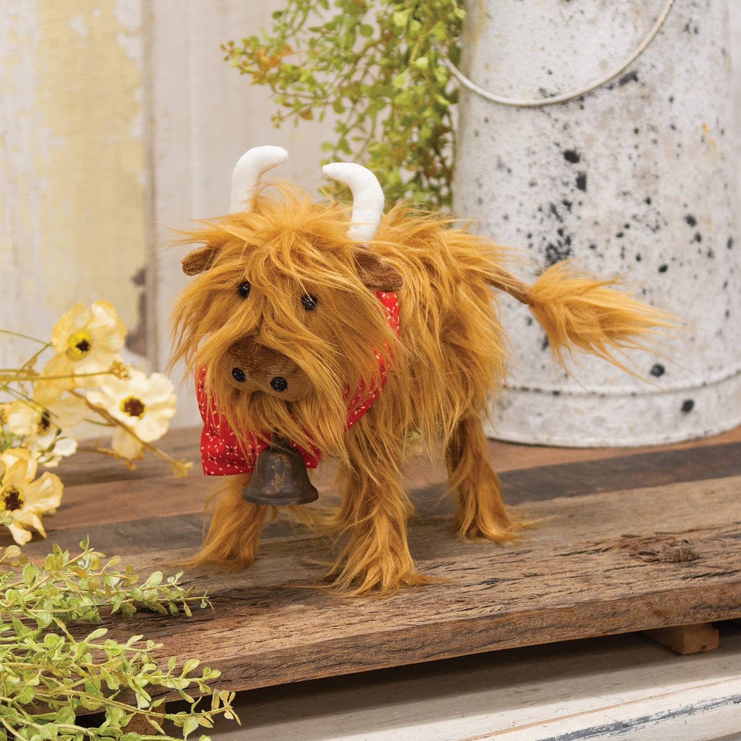 Fluffy Highland Cow w/Bandana and Bell - 9"
