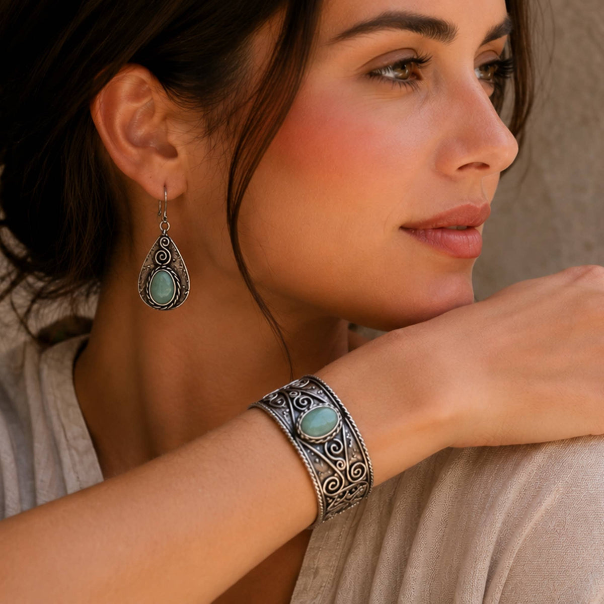 Handcrafted Kashi Antique Silver Cuff with Amazonite
