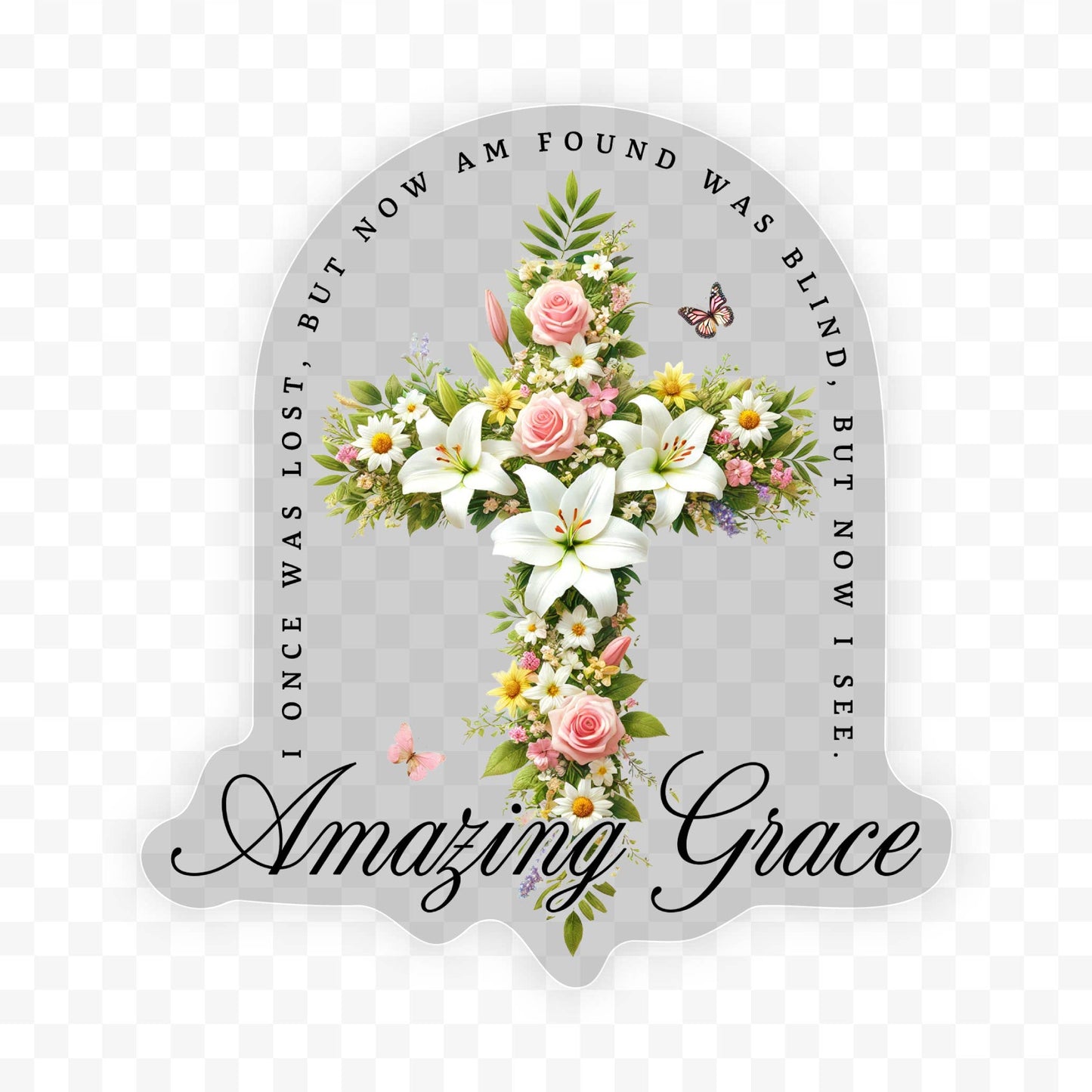 Amazing Grace Floral Cross Clear Vinyl, Sticker, 3x3 in.