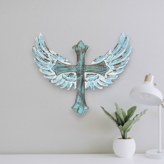 Uriel Carved Wood Cross with Angel Wings Wall Decor