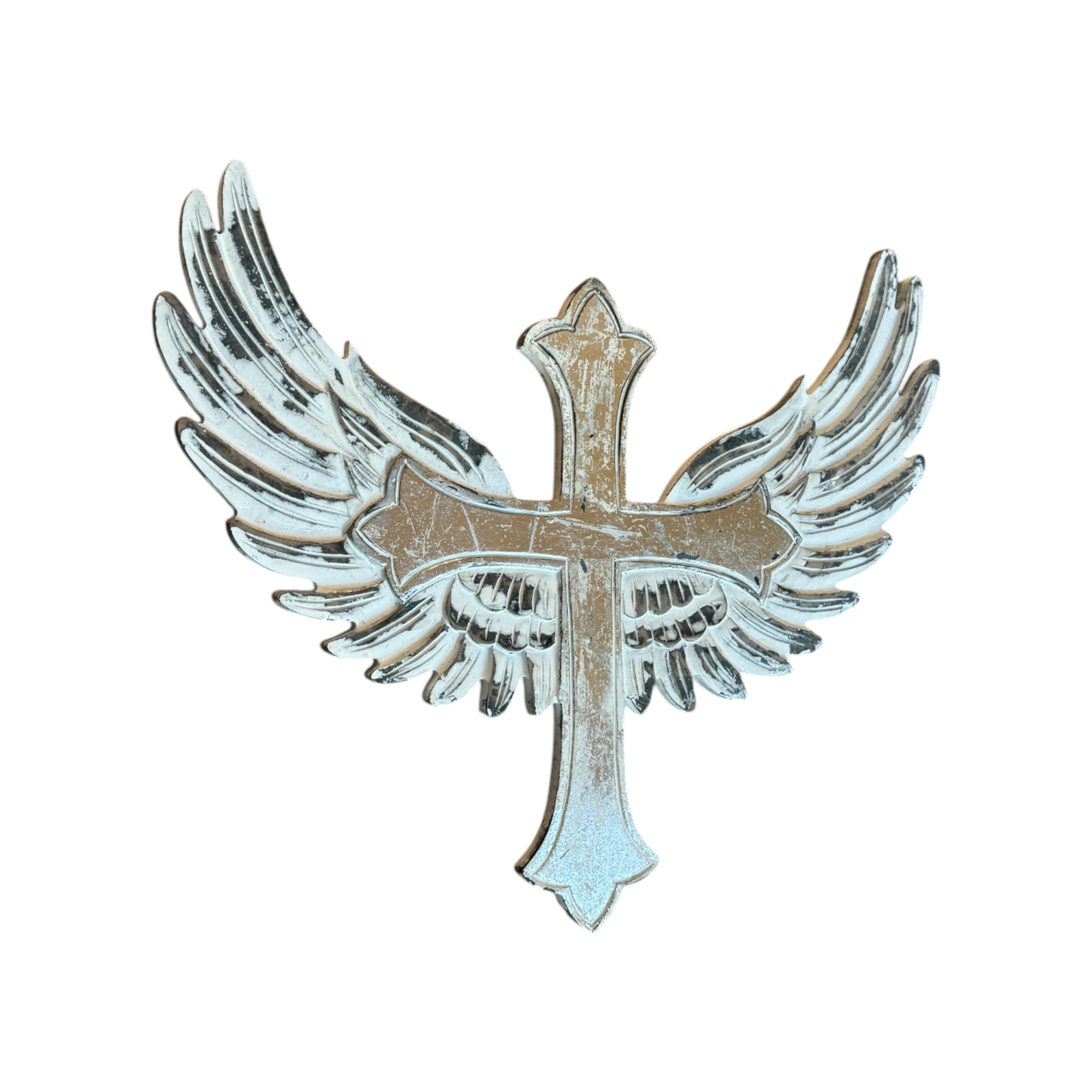 St. Michael Carved Wood Cross with Angel Wings Wall Decor