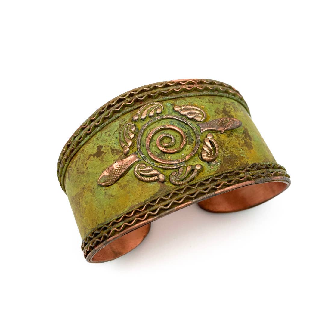 Ornate Shapes and Center Spiral Green Copper Patina Cuff