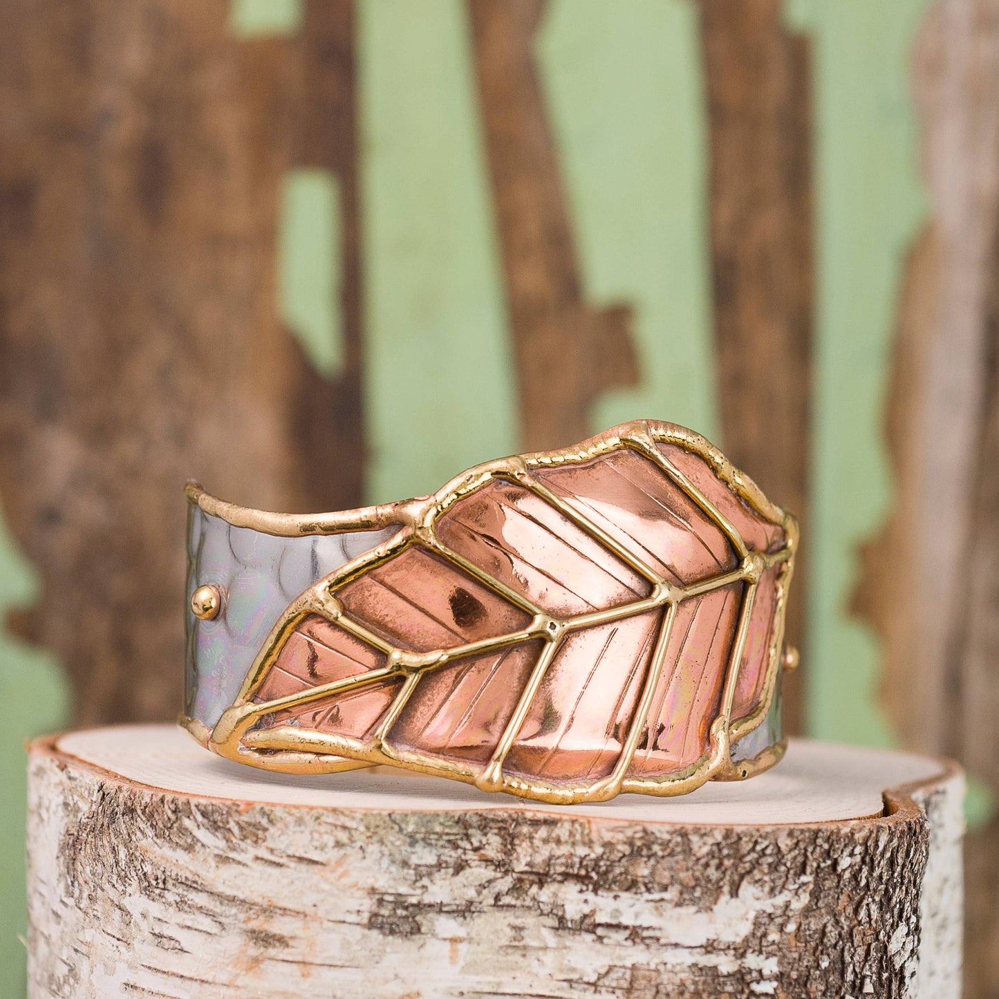 Mixed Metal Cuff Bracelet - Large Leaf
