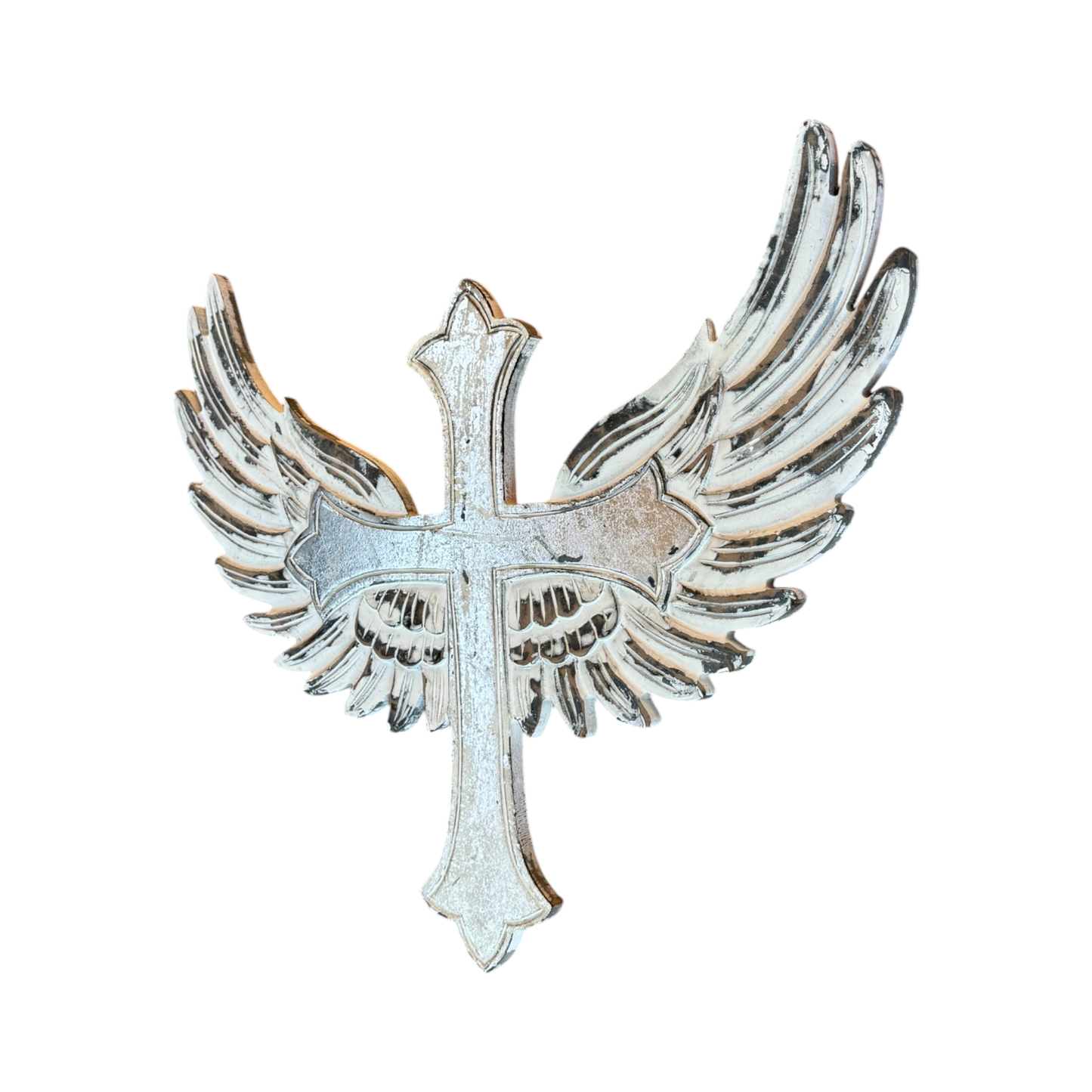 St. Michael Carved Wood Cross with Angel Wings Wall Decor