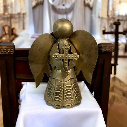 Upcycled Metal Angel with Cross Tabletop Figure