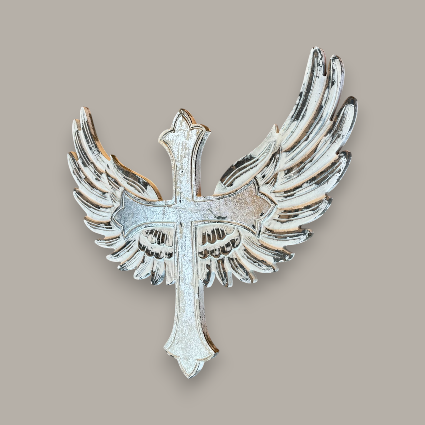 St. Michael Carved Wood Cross with Angel Wings Wall Decor