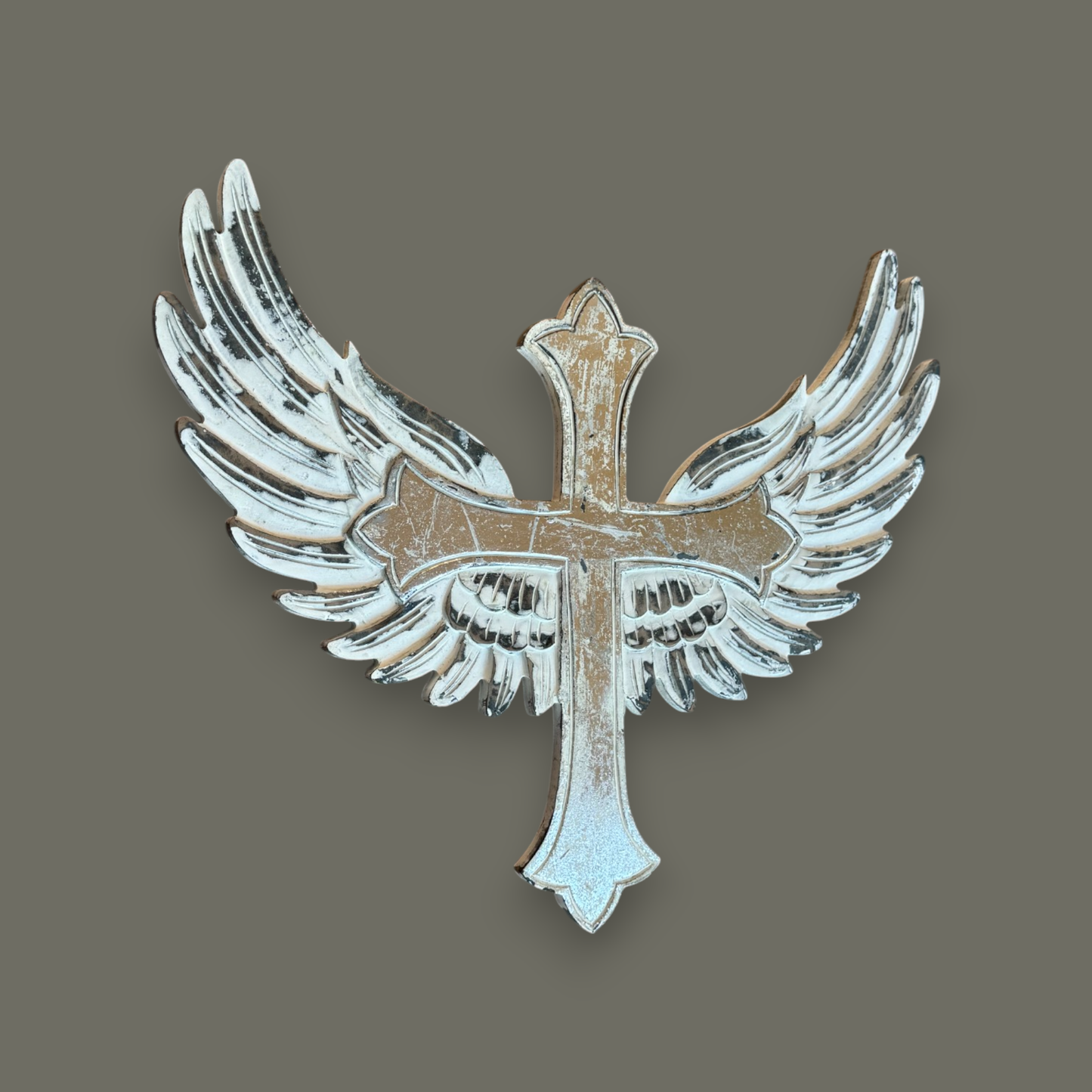 St. Michael Carved Wood Cross with Angel Wings Wall Decor