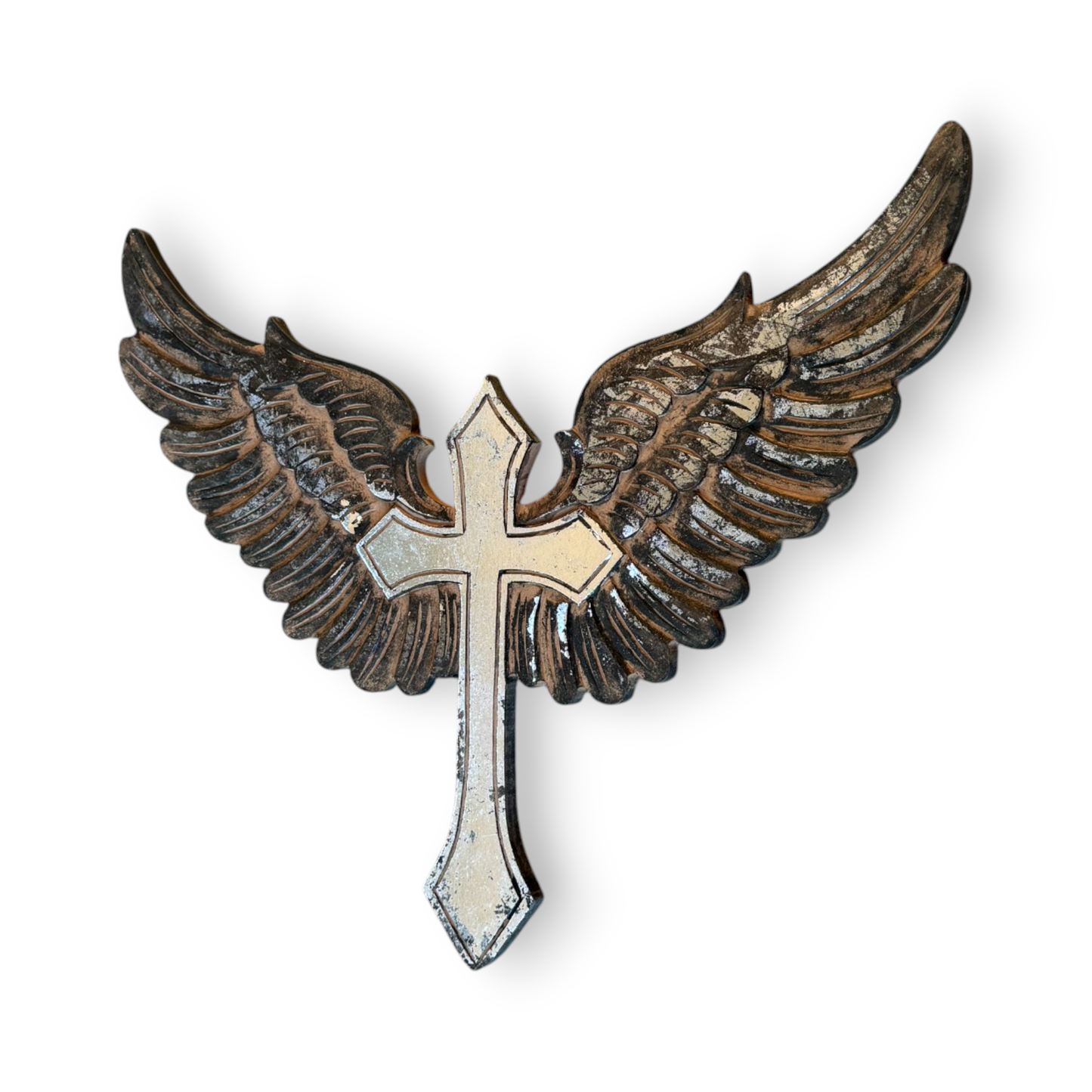 Jophiel Carved Wood Cross with Angel Wings Wall Decor