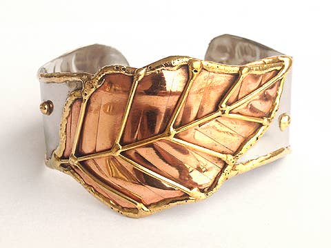 Mixed Metal Cuff Bracelet - Large Leaf