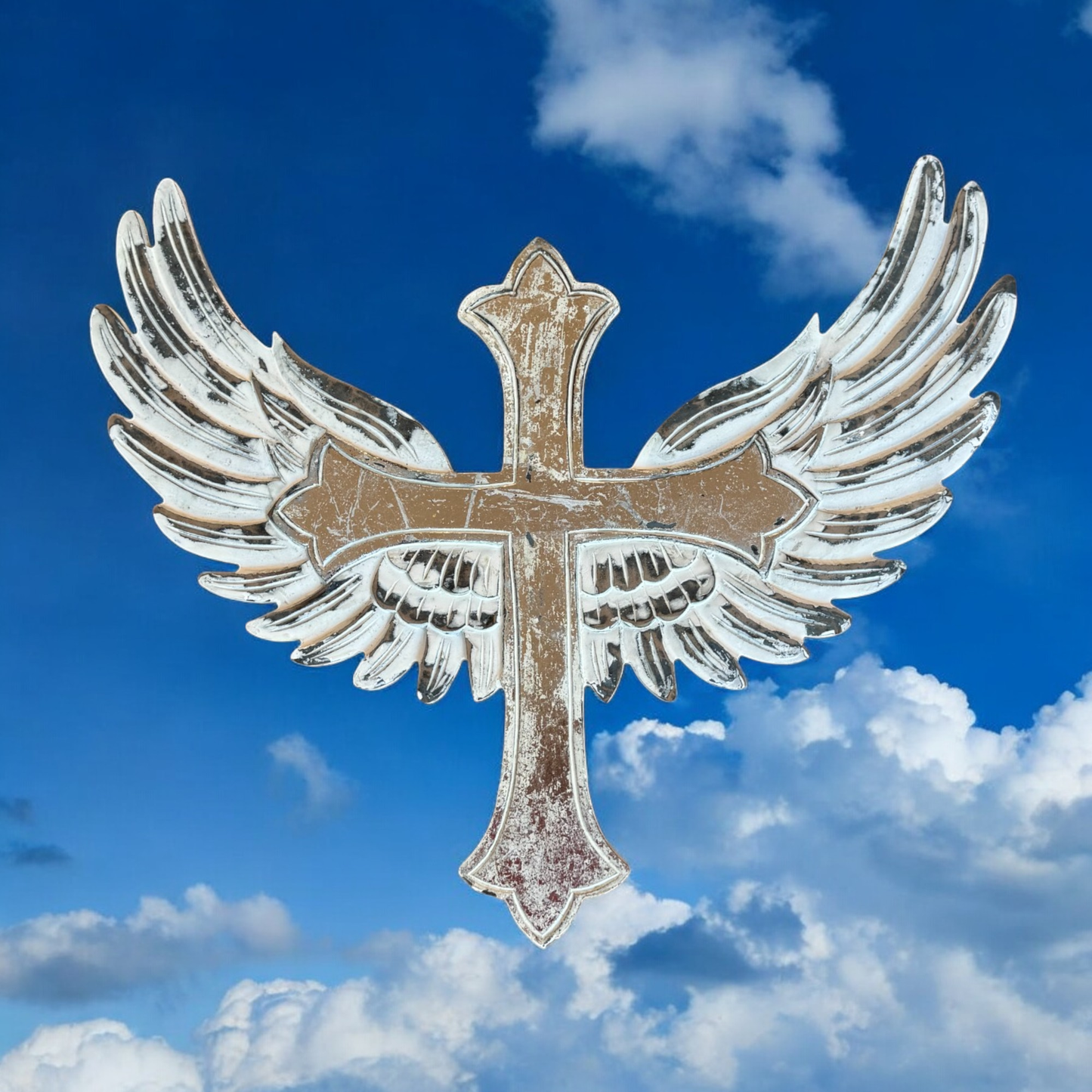 St. Michael Carved Wood Cross with Angel Wings Wall Decor